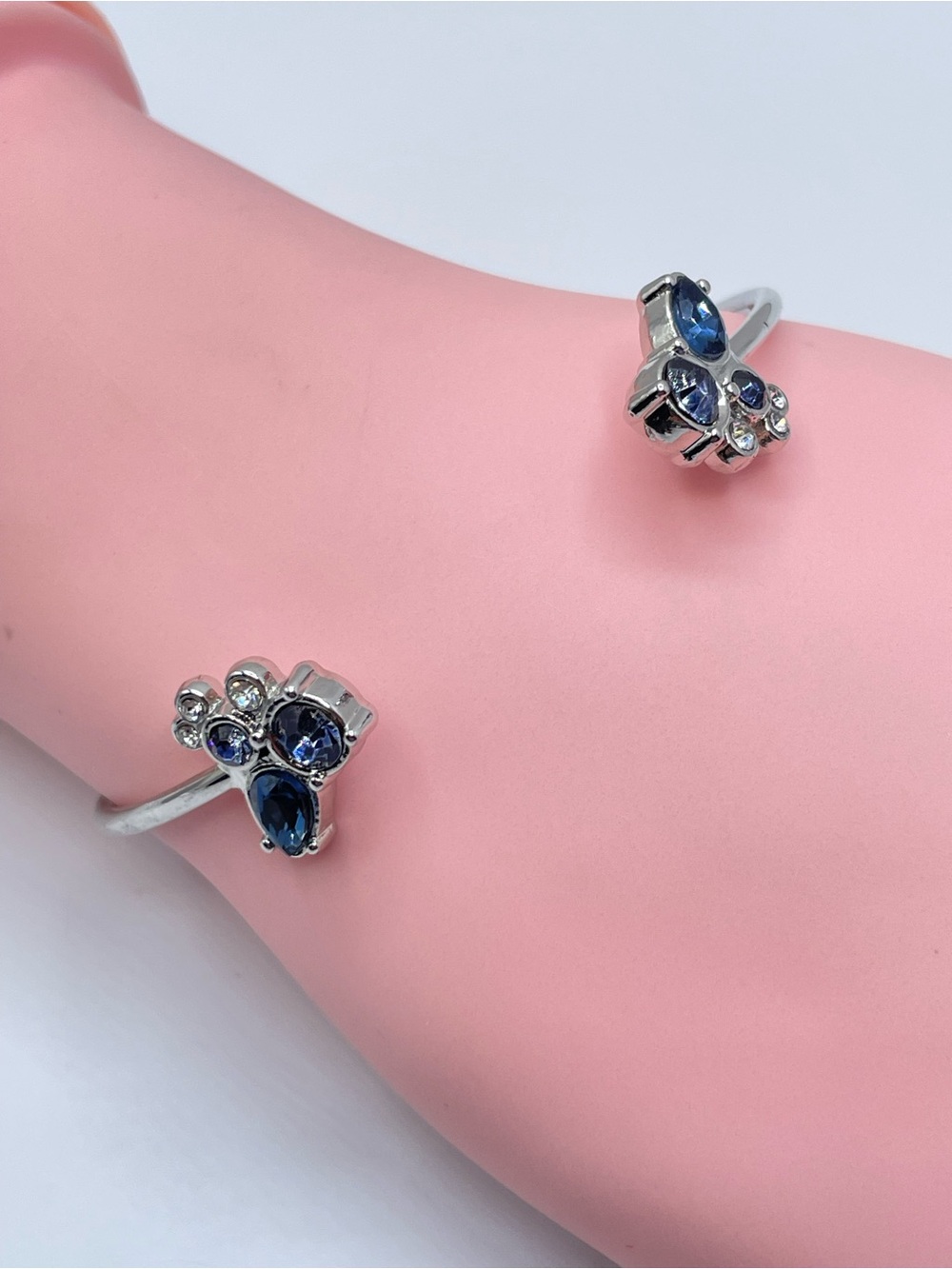 Silver Tone Sapphire Blue Crystal Open Cuff Bracelet Minimalist Bangle
